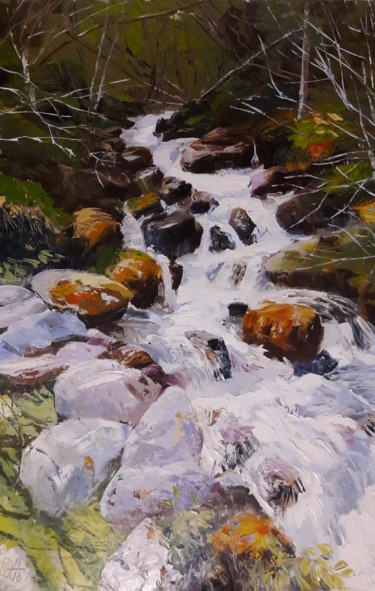 Painting titled "cascade" by Alain Muller, Original Artwork, Oil Mounted on Wood Stretcher frame