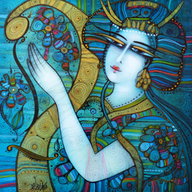 Pintura titulada "Harpe en fleurs" por Albena Vatcheva, Obra de arte original, Oleo Montado en Bastidor de camilla de madera