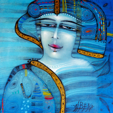 Pintura intitulada "Portrait bleu" por Albena Vatcheva, Obras de arte originais, Óleo Montado em Armação em madeira