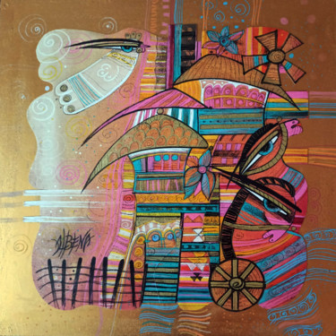 Painting titled "Village d'août" by Albena Vatcheva, Original Artwork, Oil Mounted on Wood Panel