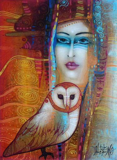 Painting titled "Chouette d'Or" by Albena Vatcheva, Original Artwork, Oil Mounted on Wood Stretcher frame