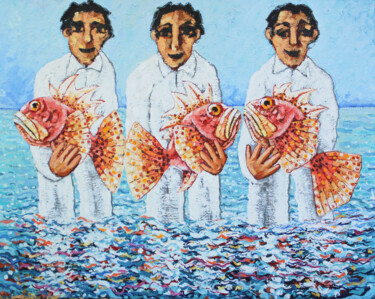 Painting titled "Pescadores y peces…" by Albert Cruells, Original Artwork, Oil Mounted on Wood Stretcher frame