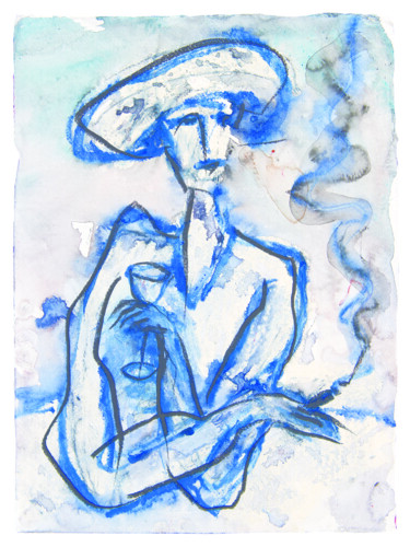 Malerei mit dem Titel "Mujer sola fumando.…" von Albert Cruells, Original-Kunstwerk, Digitaldruck