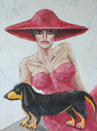 Painting titled "Mujer, sombrero roj…" by Albert Cruells, Original Artwork, Acrylic Mounted on Wood Stretcher frame