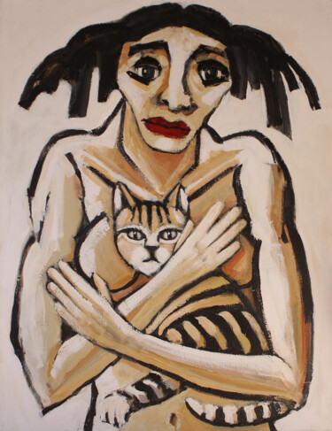 Ζωγραφική με τίτλο "Manuela" από Albert Cruells, Αυθεντικά έργα τέχνης, Λάδι Τοποθετήθηκε στο Ξύλινο φορείο σκελετό