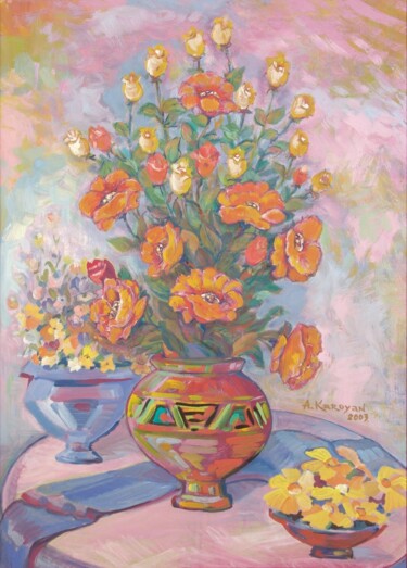 Malerei mit dem Titel "Wild Roses" von Albert Karoyan, Original-Kunstwerk, Gouache