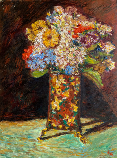 Drawing titled "Vase with Flowers" by Albert Safiullin, Original Artwork, Pastel