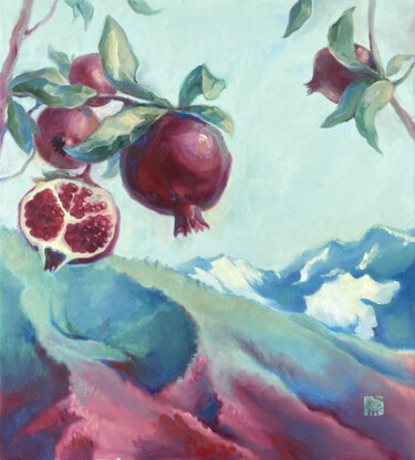 Painting titled "Pomegranates" by Alek Tretiak, Original Artwork, Oil Mounted on Wood Stretcher frame