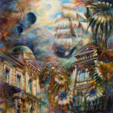 Painting titled "Southern City" by Dobrodiy Alexandr, Original Artwork, Oil Mounted on Wood Stretcher frame