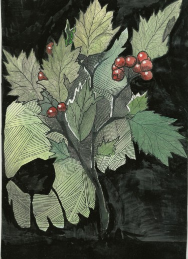 Drawing titled "A sprig of hawthorn" by Aleksandr Glukhov, Original Artwork, Watercolor