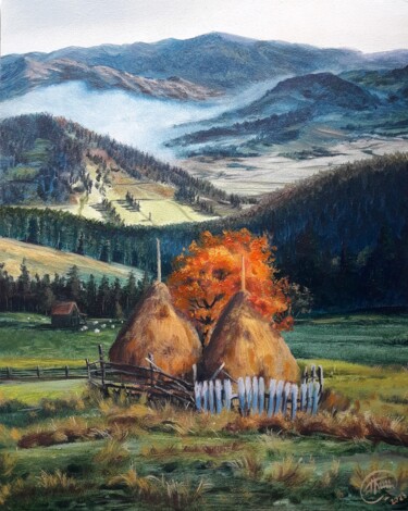 Pintura intitulada "Farm at the foot of…" por Aleksandr Gritsenko, Obras de arte originais, Óleo