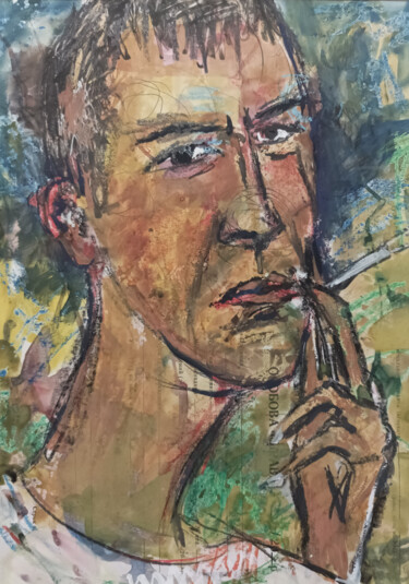 Schilderij getiteld "Автопортрет с сигар…" door Aleksandr Ipatev, Origineel Kunstwerk, Gouache