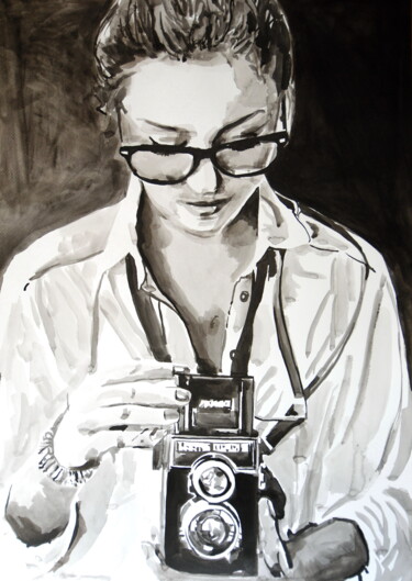 Dessin intitulée "Girl with camera " par Alexandra Djokic, Œuvre d'art originale, Encre