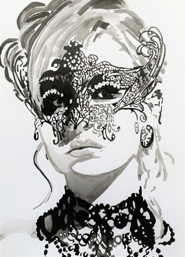Drawing titled "Venetian mask 2" by Alexandra Djokic, Original Artwork, Ink
