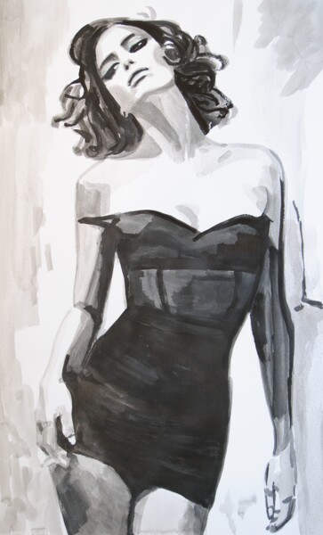 Drawing titled "Lady in black dress " by Alexandra Djokic, Original Artwork, Ink