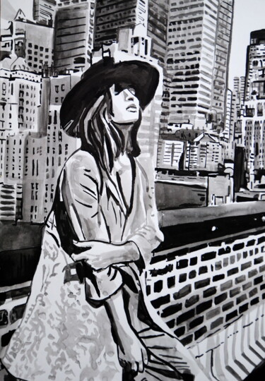 Desenho intitulada "Girl with a hat" por Alexandra Djokic, Obras de arte originais, Tinta