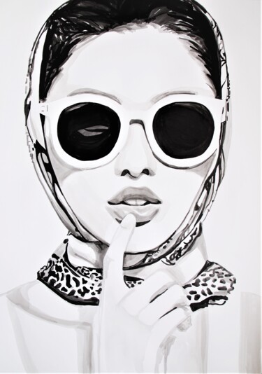Zeichnungen mit dem Titel "Lady with sunglasse…" von Alexandra Djokic, Original-Kunstwerk, Tinte