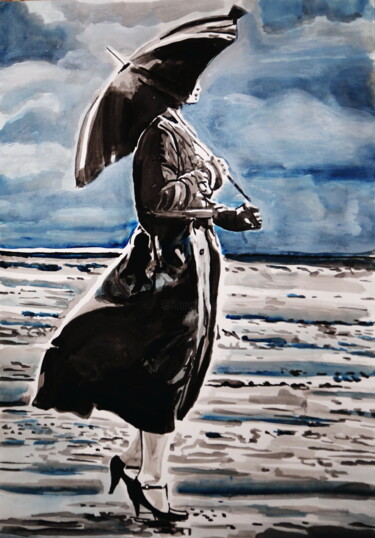 Malerei mit dem Titel "Lady with umbrella " von Alexandra Djokic, Original-Kunstwerk, Tinte