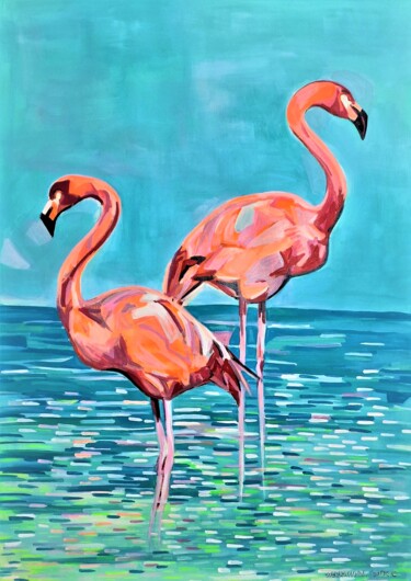 绘画 标题为“Flamingos / 101 x 7…” 由Alexandra Djokic, 原创艺术品, 丙烯