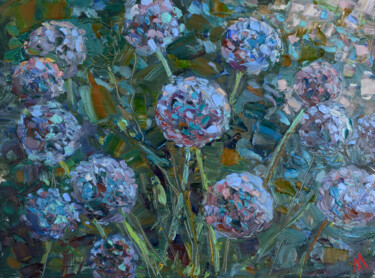 Painting titled "Blue garlic. Wild f…" by Aleksandra Manzha, Original Artwork, Oil Mounted on Cardboard