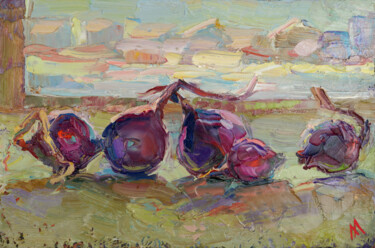 Painting titled "Red onion on the wi…" by Aleksandra Manzha, Original Artwork, Oil Mounted on Wood Stretcher frame