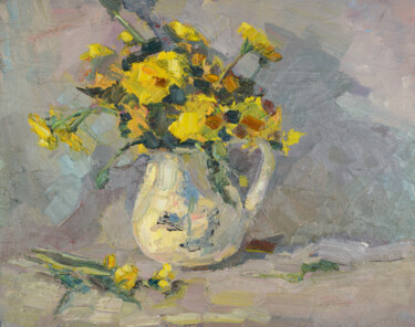 Painting titled "Yellow dandelions i…" by Aleksandra Manzha, Original Artwork, Oil Mounted on Cardboard