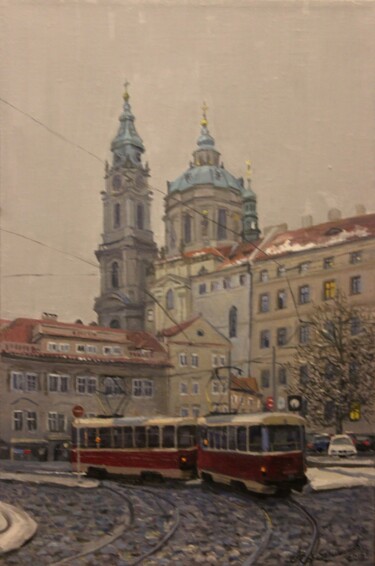 Картина под названием "Пражский трамвай" - Aleksey Korabelnikov, Подлинное произведение искусства, Масло