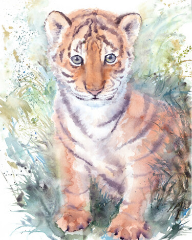 Pittura intitolato "Tiger cub in the gr…" da Alena Masterkova, Opera d'arte originale, Acquarello