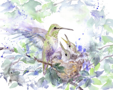 Painting titled "Hummingbird with ch…" by Alena Masterkova, Original Artwork, Watercolor
