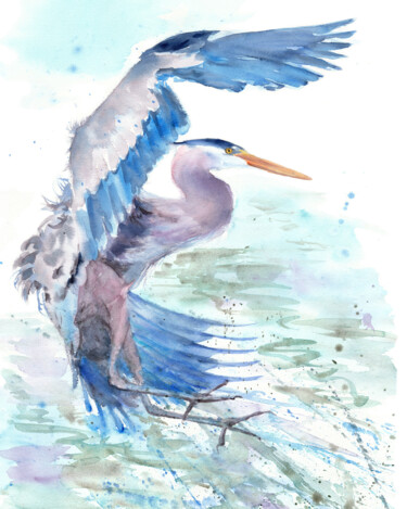 Painting titled "Flying blue heron" by Alena Masterkova, Original Artwork, Watercolor