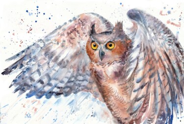 Painting titled "Owl with spread win…" by Alena Masterkova, Original Artwork, Watercolor