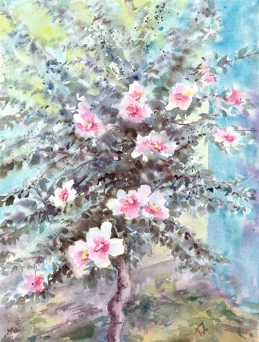 Painting titled "Blooming hibiscus t…" by Alena Masterkova, Original Artwork, Watercolor