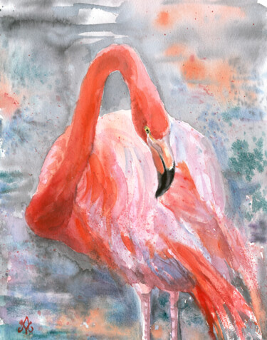 Pintura intitulada "Flamingo" por Alena Masterkova, Obras de arte originais, Aquarela