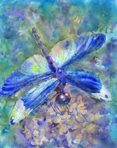 Painting titled "Dragonfly in blue" by Alena Masterkova, Original Artwork, Watercolor