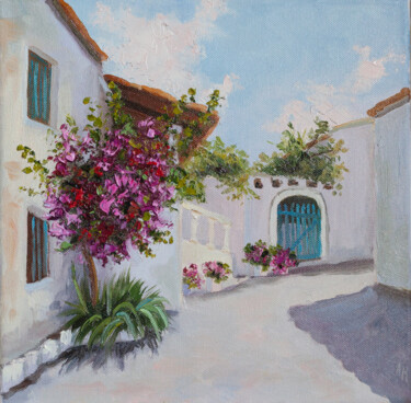 Painting titled "Quiet street" by Alena Mosina, Original Artwork, Oil Mounted on Wood Stretcher frame