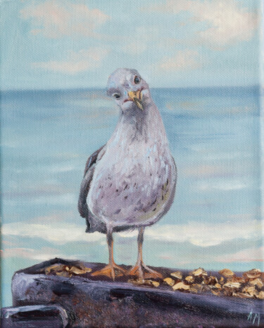 Painting titled "Seagull. Kaliningrad" by Alena Mosina, Original Artwork, Oil Mounted on Wood Stretcher frame