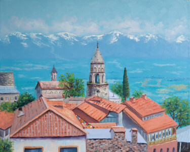 Painting titled "Roofs Of Georgia" by Alena Mosina, Original Artwork, Oil Mounted on Wood Stretcher frame