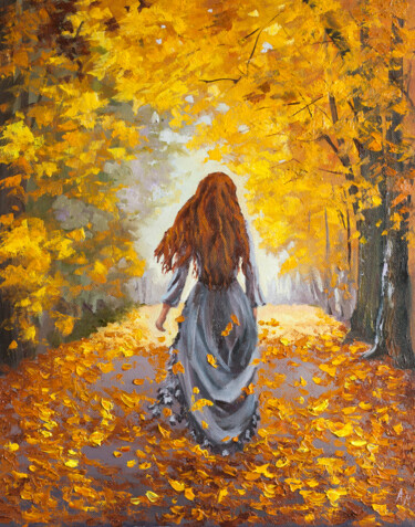 Painting titled "Autumn Girl" by Alena Mosina, Original Artwork, Oil Mounted on Wood Stretcher frame