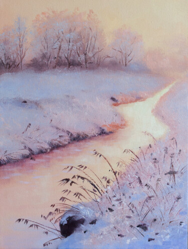 Schilderij getiteld "Winter River" door Alena Mosina, Origineel Kunstwerk, Olie Gemonteerd op Frame voor houten brancard