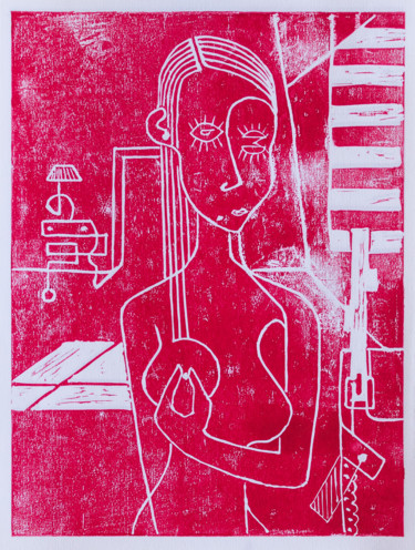 Prenten & gravures getiteld "Valentine rouge" door Alessandro Flavio Bruno, Origineel Kunstwerk, Linosnede