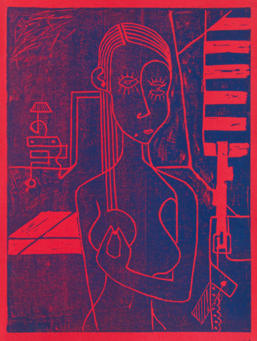 Gravures & estampes intitulée "Valentine rouge et…" par Alessandro Flavio Bruno, Œuvre d'art originale, Linogravures