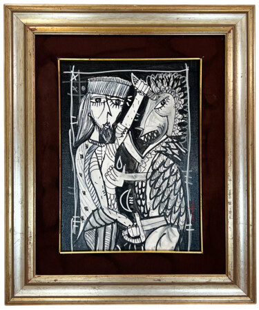 Painting titled "Re Persiano Combatt…" by Alessandro Siviglia, Original Artwork, Acrylic Mounted on Wood Stretcher frame