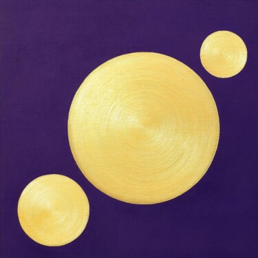 Painting titled "Golden Disks on Vio…" by Alessia Lu, Original Artwork, Acrylic Mounted on Wood Stretcher frame