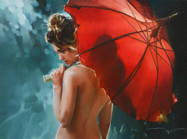 Peinture intitulée ""Red umbrella"" par Alex Chernigin, Œuvre d'art originale, Huile Monté sur Châssis en bois