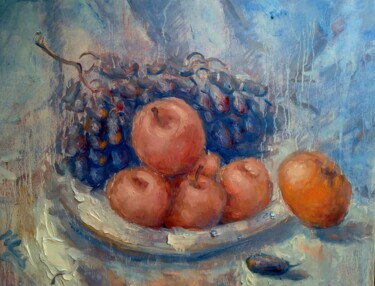 Painting titled "Still Life with Gra…" by Alex Klas, Original Artwork, Oil Mounted on Wood Stretcher frame