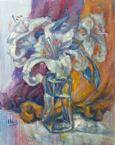 Painting titled "Lilies" by Alex Klas, Original Artwork, Oil Mounted on Wood Stretcher frame