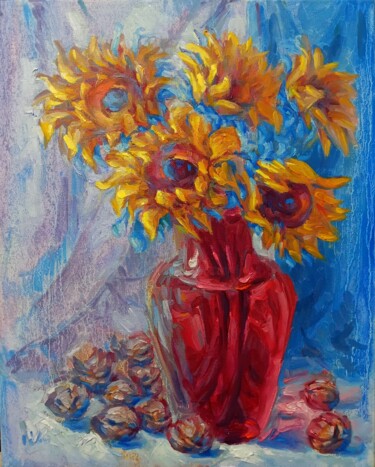 Painting titled "Sunflowers and waln…" by Alex Klas, Original Artwork, Oil Mounted on Wood Stretcher frame