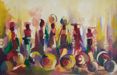 Schilderij getiteld "Hawkers on the move" door Alex Mensah, Origineel Kunstwerk, Acryl