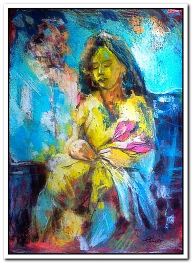 Painting titled "Woman with flower" by Alex Ottmár, Original Artwork, Pastel