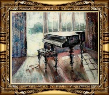 Painting titled "Piano and roses" by Alex Ottmár, Original Artwork, Pastel